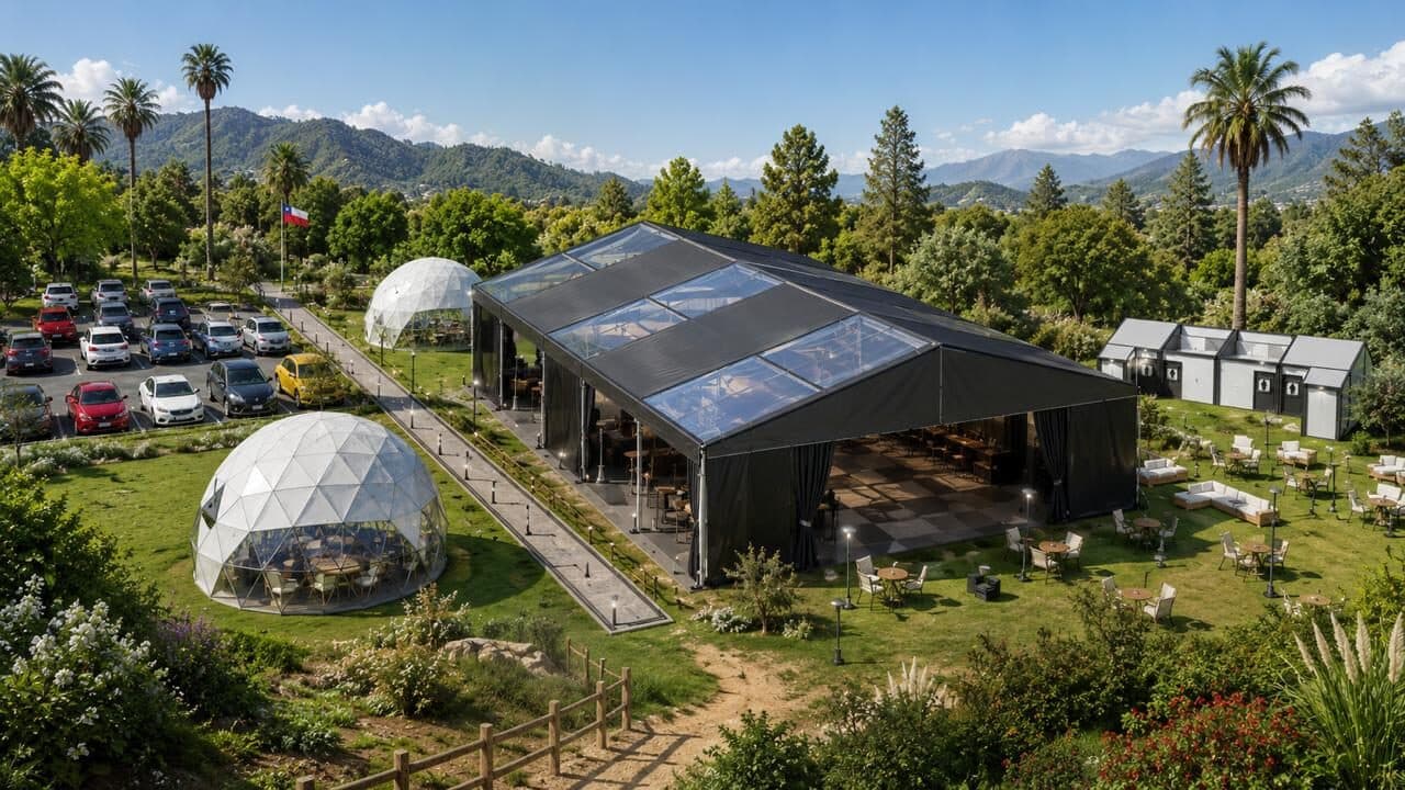 Carpa de eventos montada en exterior, con domos y módulos de apoyo