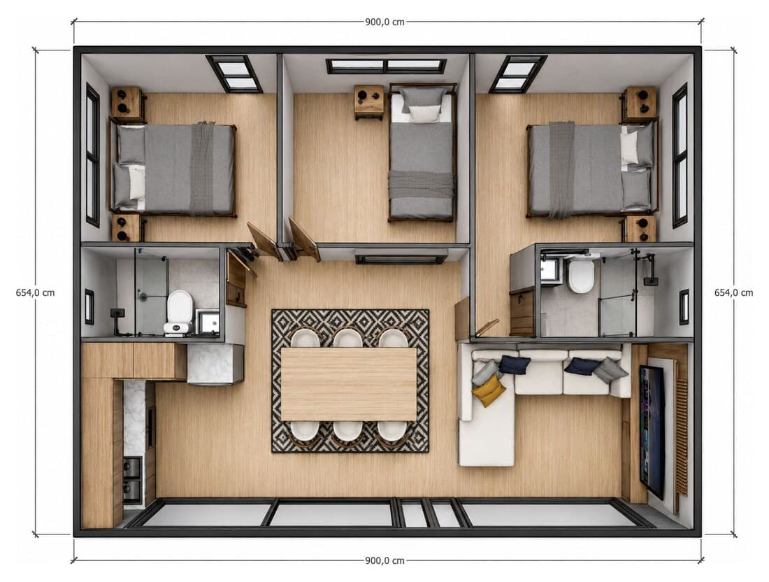 Plano acotado de la Casa 58 (Modelo 1): 3 dormitorios · 1 baño
